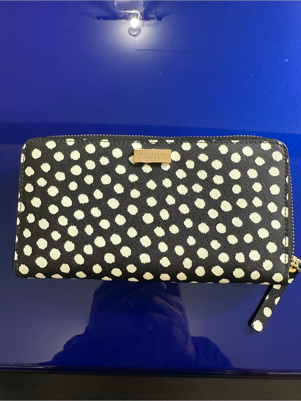 kate spade Black and White Polka Dot Zip-Around Wallet with Gold Hardware